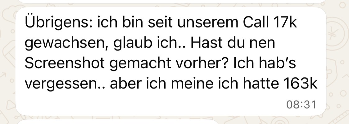 WhatsApp-Nachricht über rund 17.000 neue Follower seit dem gemeinsamen Call