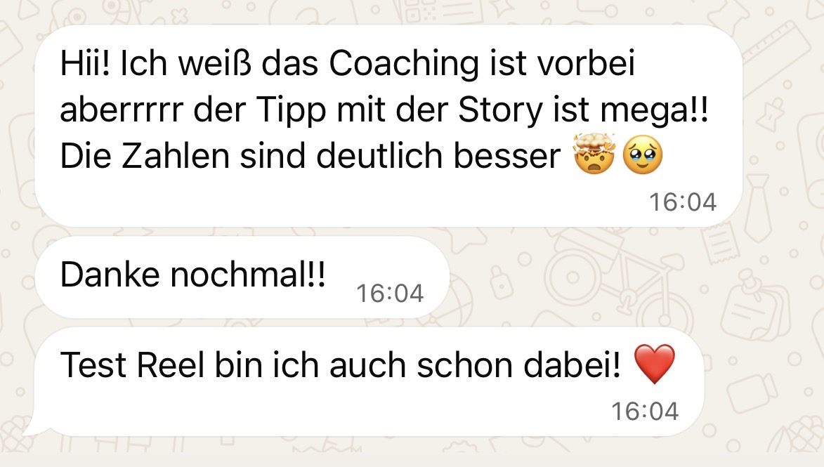 WhatsApp-Rückmeldung zu verbesserten Story-Zahlen nach dem Coaching